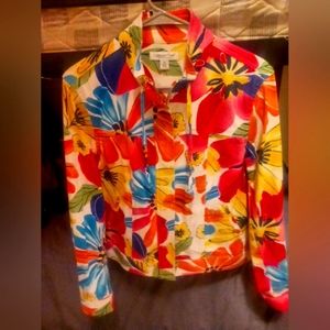 Coldwater Creek denim jacket floral paint style.